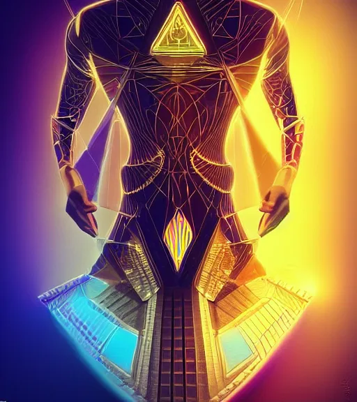 Image similar to symmetry!! egyptian prince of technology, solid cube of light, hard edges, product render retro - futuristic poster scifi, lasers and neon circuits, brown skin man egyptian prince, intricate, elegant, highly detailed, digital painting, artstation, concept art, smooth, sharp focus, illustration, dreamlike, art by artgerm