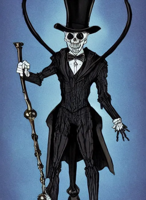 Image similar to DND character concept, skeletal male figure, wearing a deep black suit!!! and tie and top hat, holding a gold! cane!. Surrounded by light blue!!! flames!!