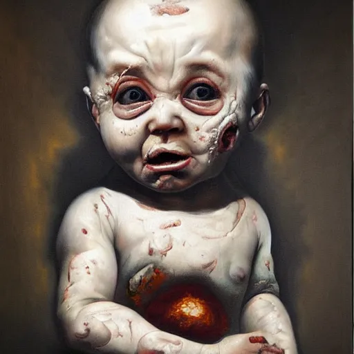 Prompt: oil painting by christian rex van minnen of a portrait of an extremely bizarre disturbing mutated baby with intense chiaroscuro lighting perfect composition, baby scarred, burns, horrible, disgusting, terrifying, award winning painting