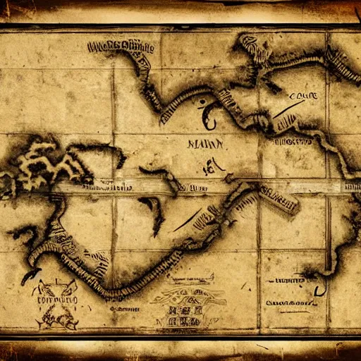 Prompt: old torn treasure map showing the exact spot of the treasure of kong island, pirates treasure map, high detail, high res, hyperrealistic,