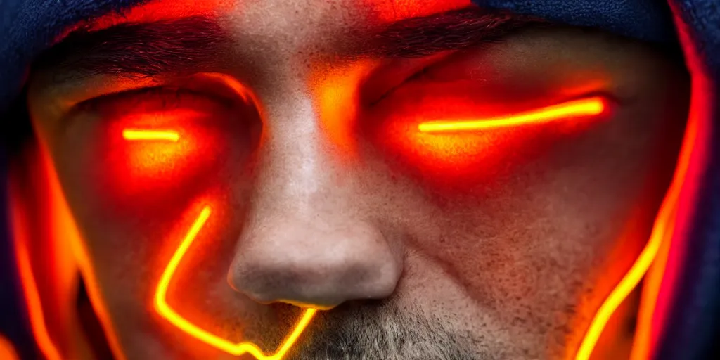 Prompt: an extreme close - up portrait of a man wearing a neon glowing hoodie, photographic filter, unreal engine 5, realistic, hyperdetailed, 8 k, cinematic, volumetric lighting, very realistic effect, hd, hdr, 4 k, sharp focus, octane render, ultra detailed, high resolution, trending on artstation in the style of albert dros glowing rich colors powerful imagery