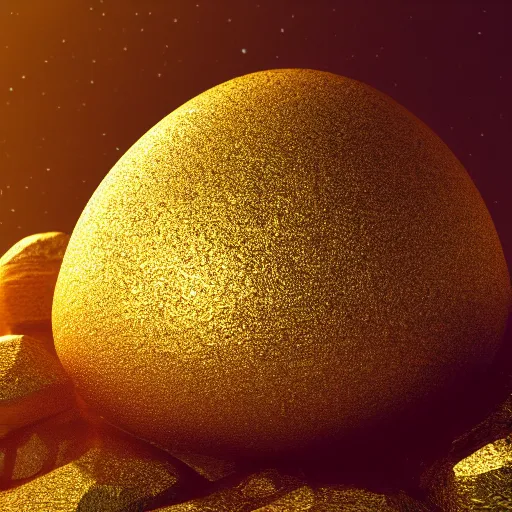 Prompt: a golden rock on top of a pile of normal rocks, octane render, dramatic lighting