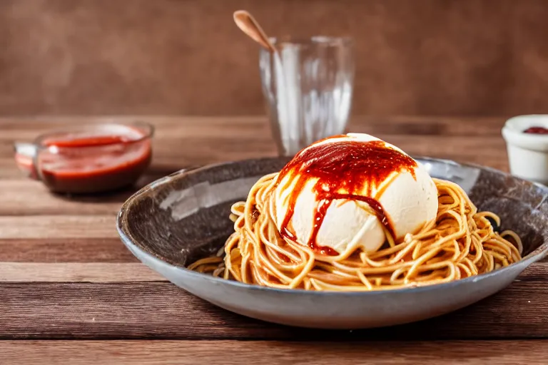 Prompt: macro shot of spaghetti with ice cream and banana and chocolate sauce and ketchup, on a wooden table, 8 3 9, natural light, cinematic lighting, 8 k, food photography