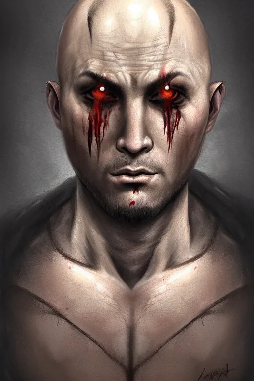 Prompt: unattractive, bald and unsympathetic Human_fighter!, He has 6 scares on his face, and a bloodthirsty look in his eyes. full_body!!, dungeons and dragons character, highly detailed, digital painting, artstation, concept art, sharp focus, illustration, art by Leonardo da Vinci and Michelangelo and Botticelli