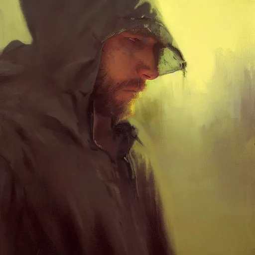 Prompt: portrait of a wondering chad programmer with green hood by jeremy mann, dramatic lighting, close up