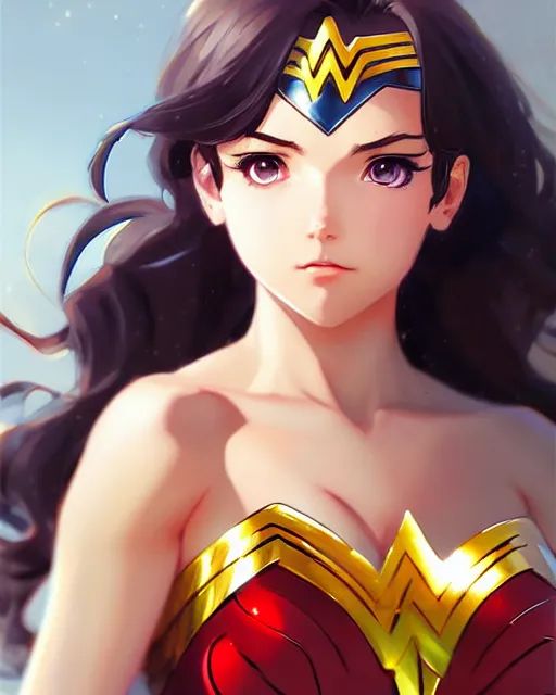 Image similar to portrait Anime as Wonderwoman girl cute-fine-face, pretty face, realistic shaded Perfect face, fine details. Anime. realistic shaded lighting by Ilya Kuvshinov Giuseppe Dangelico Pino and Michael Garmash and Rob Rey