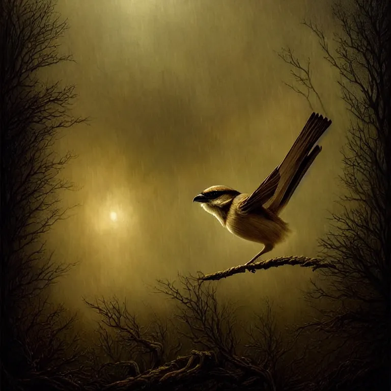 Image similar to epic professional digital art of startling thorned shrike, faint golden moody atmospheric lighting, painted, intricate, detailed, detailed, foreboding, by leesha hannigan, wayne haag, reyna rochin, ignacio fernandez rios, mark ryden, iris van herpen,, epic, stunning, gorgeous, much wow, cinematic, masterpiece.