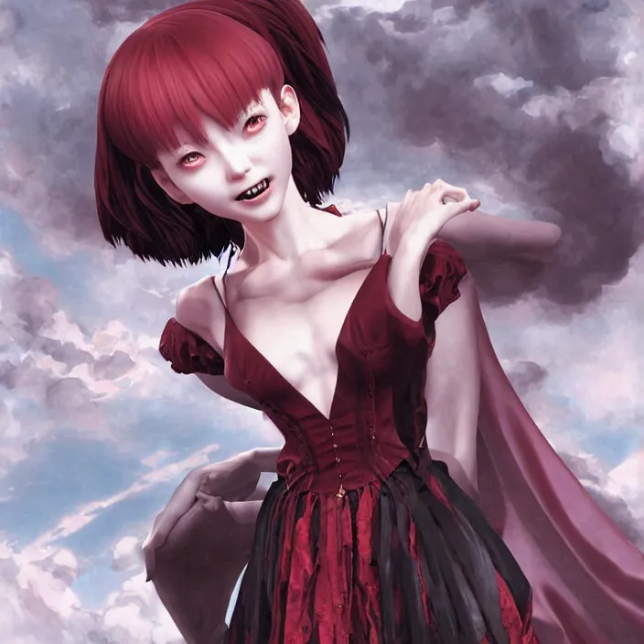 Image similar to renaissance portrait of the secretive vampire girl loner smiling at her next victim, by katsuhiro otomo, yoshitaka amano, nico tanigawa, and artgerm rendered with 3 d effect.