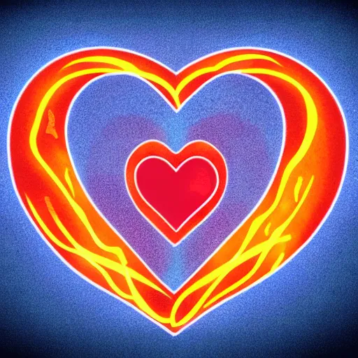 Image similar to cartoon heart on fire logo, burning, flames, symmetrical, washed out color, centered, art deco, 1 9 5 0's futuristic, glowing highlights, peaceful
