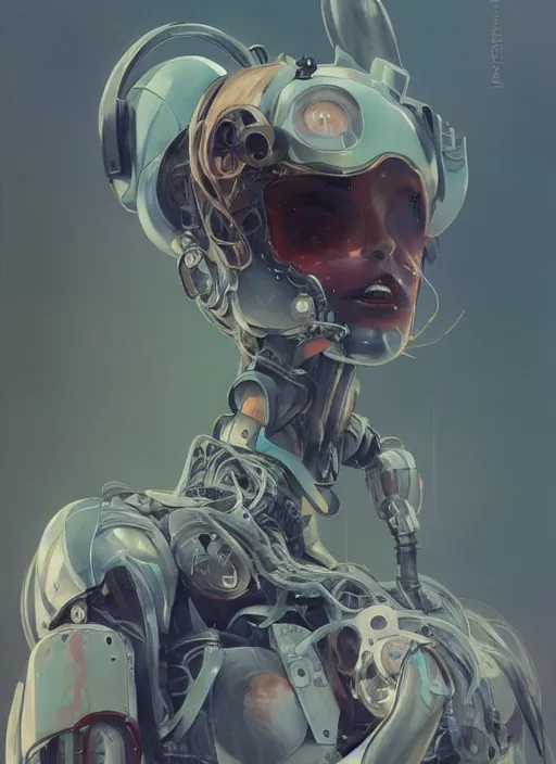 Image similar to surreal gouache painting, by yoshitaka amano, by ruan jia, by conrad roset, by good smile company, detailed anime 3d render of a mechanical android, portrait, cgsociety, artstation, modular mechanical costume and headpiece, dieselpunk atmosphere