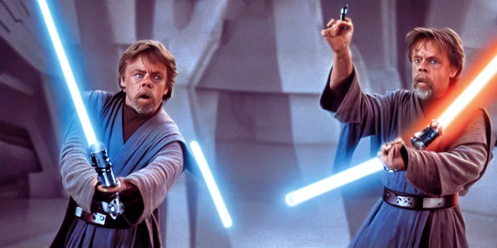 Image similar to A full color still of Mark Hamill as Jedi Master Luke Skywalker having a lightsaber fight with Sith Lords, with large windows showing a sci-fi city outside, at dusk at golden hour, IMAX, wideshot, from The Phantom Menace, directed by Steven Spielberg, 1997