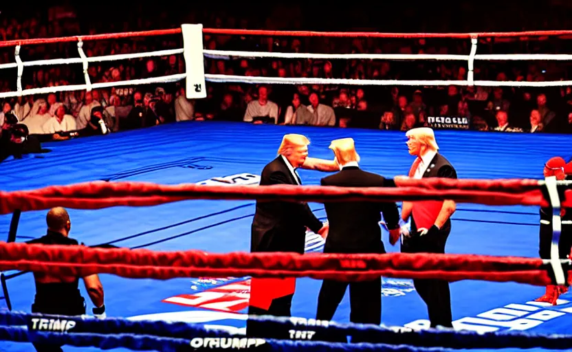 Image similar to boxing match between donald trump vs joe biden, stage lighting, political cartoon