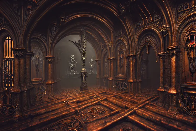 Image similar to steam necropolis, memento mori, gothic, neo - gothic, art nouveau, hyperdetailed copper patina medieval icon, stefan morrell, philippe druillet, ralph mcquarrie, concept art, steampunk, unreal engine, detailed intricate environment, octane render, moody atmospherics, volumetric lighting, ultrasharp, ominous, otherworldly