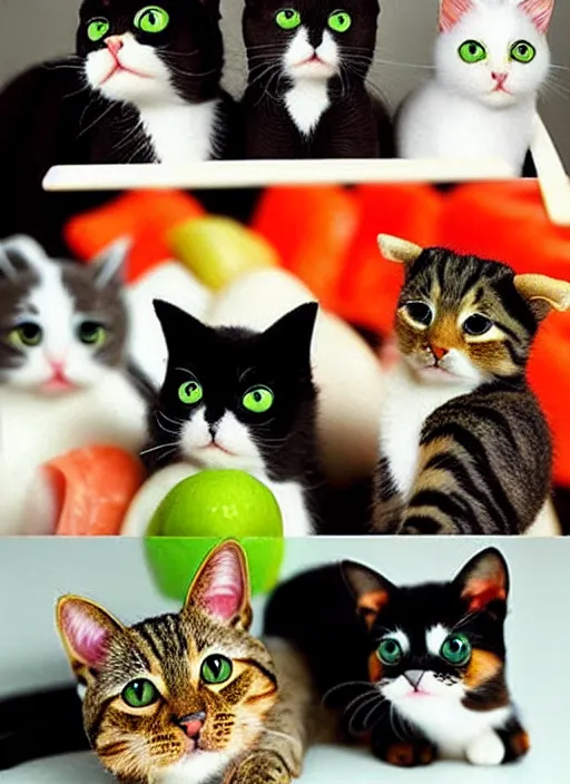 Image similar to clear photorealistic picture of adorable cats made out of sushi