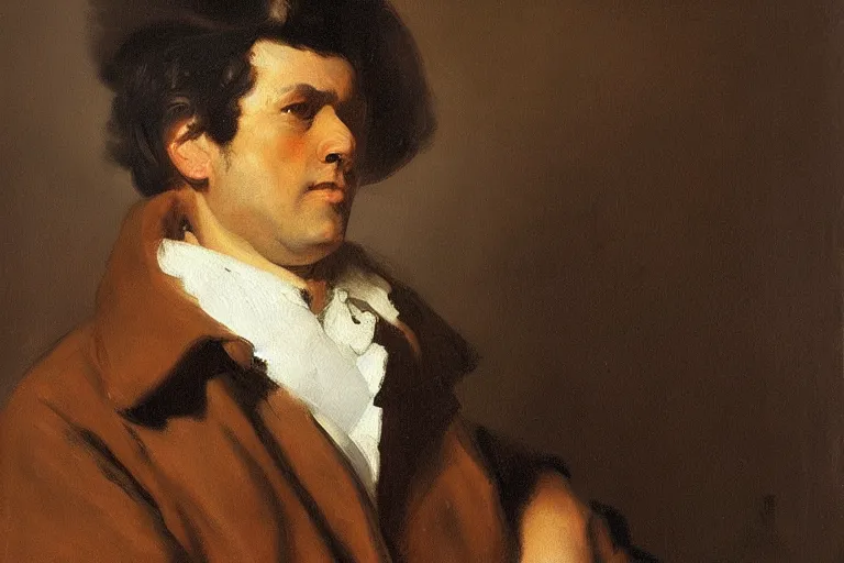 Prompt: a painting of a man in a brown coat, a portrait by francisco jose de goya, pexels, classical realism, studio portrait, dutch golden age, ilya kuvshinov