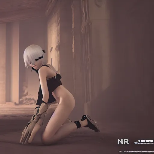 Image similar to 2 b nier automata hiding, 3 d render, unreal engine, octane render, ray tracing, unity, highly detailed, high quality, hd, 4 k, 8 k, realistic, sharp, trending
