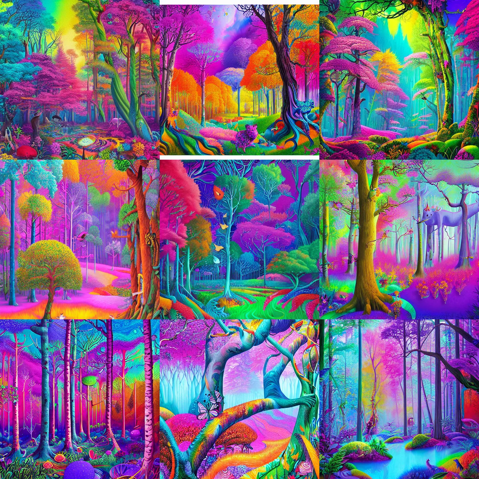 Prompt: lisa frank forest painting by android jones