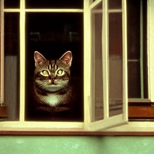 Image similar to cat looking to the window, movie frame by wes anderson.