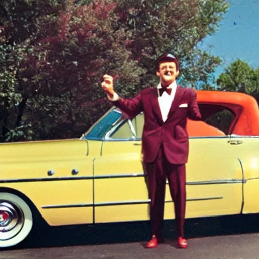 Prompt: Photograph of Bobby Rydell singing on the hood of a 1950s Cadillac