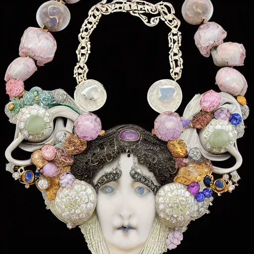 Image similar to artnouveau necklace of a woman's face with open eyes and messy hair in a bundle surrounded by gemstones highly detailed art by rene lalique