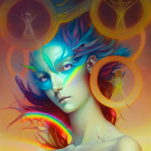 Image similar to psychedelic angelic celestial being artwork of peter mohrbacher, ilya kuvshinov ayahuasca, energy body, sacred geometry, esoteric art, rainbow colors, realist, abstract and surreal art styles with anime and cartoon influences divinity