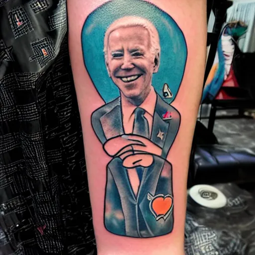 Prompt: tattoo of joe biden marrying hatsune miku