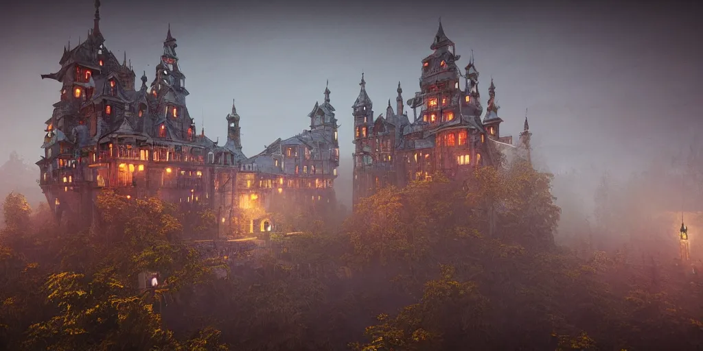Prompt: a highly detailed photo of a steampunk castle surrounded by a mist shot during night on 3 0 mm film painted by alena aenami, rendered in unreal engine