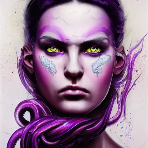 Image similar to art portrait of a furious girl with think, hair-like purple tentacles on her head and bright purple eyes, 8k,by tristan eaton, Stanley Artgermm,Tom Bagshaw,Greg Rutkowski,Carne Griffiths,trending on DeviantArt, face enhance,hyper detailed ,full of colour,