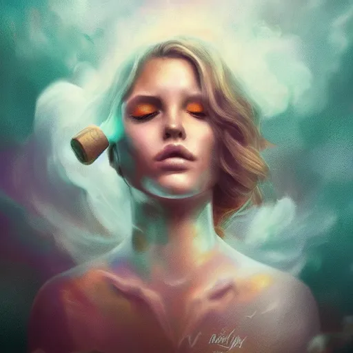 Image similar to a hyperdetailed portrait matte paitning of a beautiful woman blowing iridescent smoke depicted as a nebulous explosion, by vanessa lemen by charlie bowater by ross tran by beeple