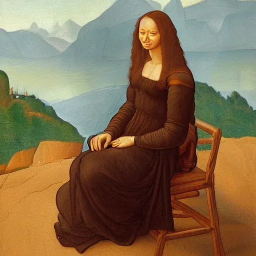 Prompt: an oil painting, woman sitting in a chair, dark dress, background is filled with mountains, rocks, canyons and lakes. woman looks calm and happy, she is smiling, in the style of leonardo da vinci