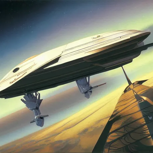 Image similar to digital art, transport spacecraft, Syd Mead, very wide view, atmospheric, epic composition