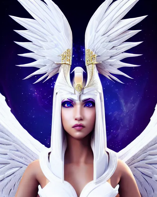 Image similar to perfect ornate white haired attractive egyptian goddess with huge white dove wings, warframe armor, beautiful, symmetric, dreamy, half asian, pretty face, blue eyes, detailed, scifi platform, laboratory, experiment, 4 k, ultra realistic, epic lighting, android body, illuminated, cinematic, masterpiece, art by akihito tsukushi, voidstar