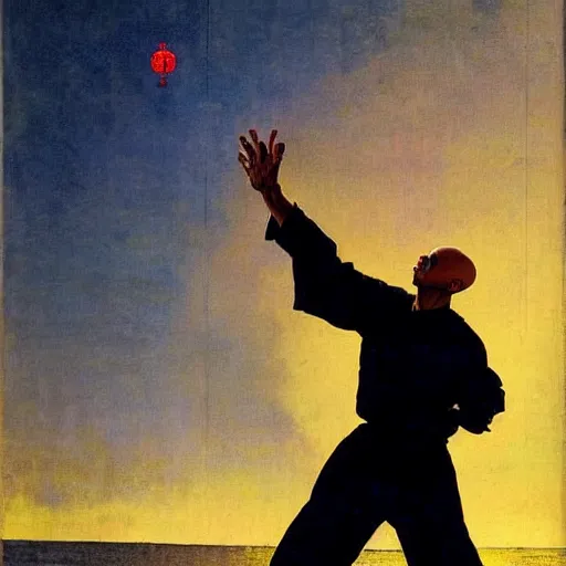 Prompt: bald man with a kung fu goatee floating above the silhouette of a man, dynamic lighting, ethereal, painted by norman rockwell