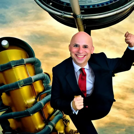 Image similar to A bald Tory Bruno in a suit, riding atop a rocket engine