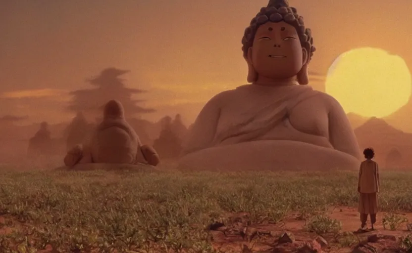 Image similar to a movie still from a studio ghibli movie showing a highly detailed landscape with a giant living buddha walking through the desert. 1 9 8 0's science fiction, 1 9 7 0's science fiction, misty, depth perception, 4 k