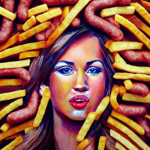 Prompt: painting of a person made out of hot dogs, hamburgers, and french fries. surreal. hyper realistic. photography