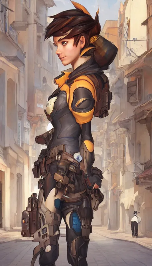 Image similar to portrait of tracer from overwatch travels in tetouan streets, morocco, mosque, highly detailed, digital painting, artstation, concept art, smooth, sharp focus, illustration, art by artgerm and greg rutkowski and alphonse mucha