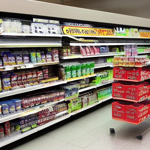 Prompt: empty grocery store, blurry shadow figure cashier, red eyes