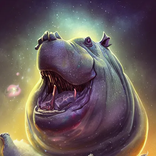 Image similar to a wlop 3 d render of very very very very highly detailed beautiful mystic portrait of a phantom undead hippo with whirling galaxy around, tattoos by anton pieck, intricate, extremely detailed, digital painting, artstation, concept art, smooth, sharp focus, illustration, intimidating lighting, incredible art,