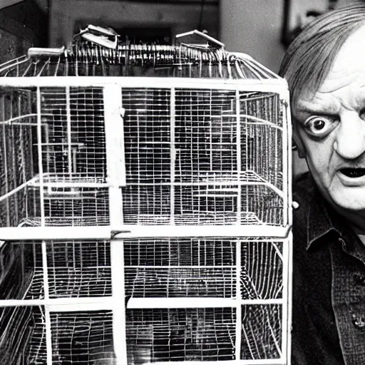 Image similar to mark e smith locked in a small bird cage on the shelf of a pet store