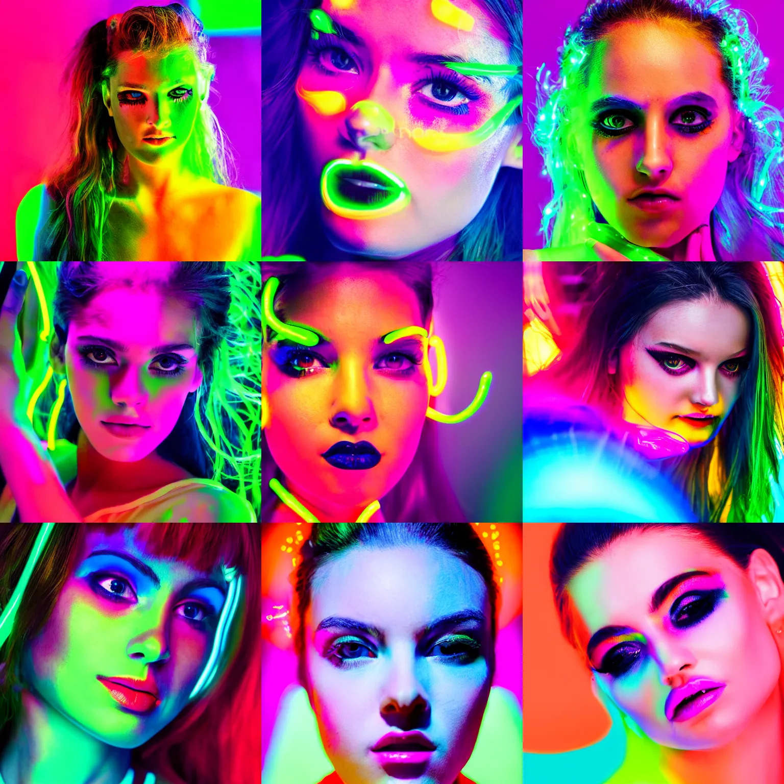 Prompt: a girl glowing with neon colors, high detail of the face, high details, high modernization, high stylization, photo model