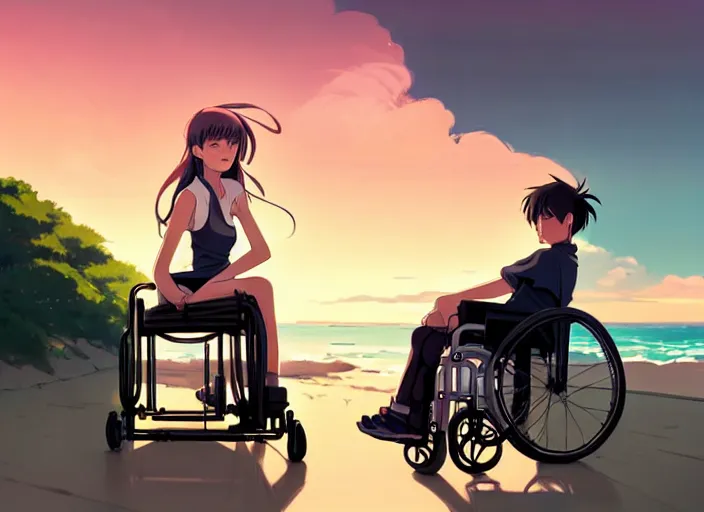 Image similar to portrait of cute girl on wheelchair, sunset sky in background, beach landscape, illustration concept art anime key visual trending pixiv fanbox by wlop and greg rutkowski and makoto shinkai and studio ghibli and kyoto animation, symmetrical facial features, daily clothing, man pushing wheelchair, backlit