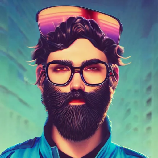 Image similar to Lofi vaporwave cyberpunk bearded man, Pixar style, Tristan Eaton, Stanley Artgerm, Tom Bagshaw