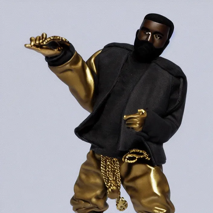 Prompt: a goodsmile figure of kanye west using a black face - covering mask made of cloth with small holes, a blue undersized open puffer jacket, a black shirt underneath, small gold chain, and black rubber boots, figurine, detailed product photo