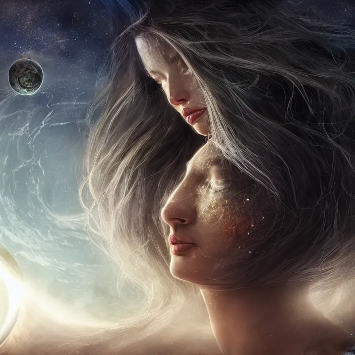 Prompt: beautiful celestial woman with long hair wrapping downward into planet seen for space, hyper-detailed, smooth, sharp focus, depth map, digital painting, apocalyptic art, fantasy dark art, 4k ultra hd, cinematic