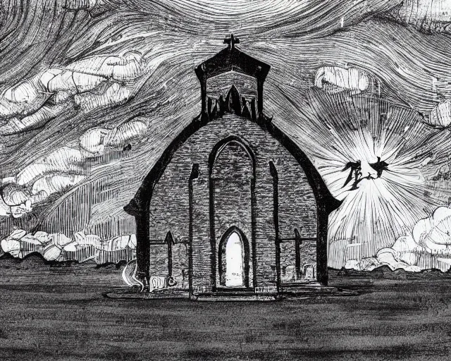 Image similar to An illustration showing an old church in the middle of nowhere, and ghost like stuff flying around it with a dark background behind it and smoke pouring out