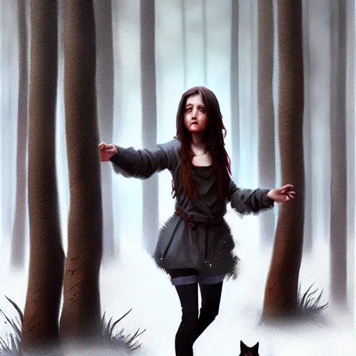 Image similar to a pretty girl surrounded by wolves, in the woods, digital painting, photorealistic, in the style of greg rutkowski, full body, detailed face