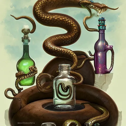 Image similar to a grinning anthropomorphic snake selling bottles of medicine, fantasy, steampunk, peter mohrbacher