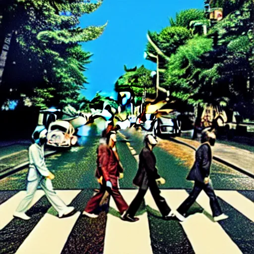 Image similar to beatles crossing abbey road at disneyland, hyper detailed, dramatic lighting, cgsociety, realistic, hyper detailed, insane details, intricate, dramatic lighting, hypermaximalist, golden ratio, rule of thirds, octane render, weta digital, micro details, ultra wide angle, artstation trending, 8 k,