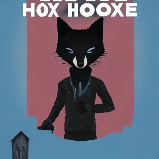 Image similar to blu-ray movie box cover for a horror movie featuring an anthropomorphic black fox dressed in casual clothing, dark and grainy